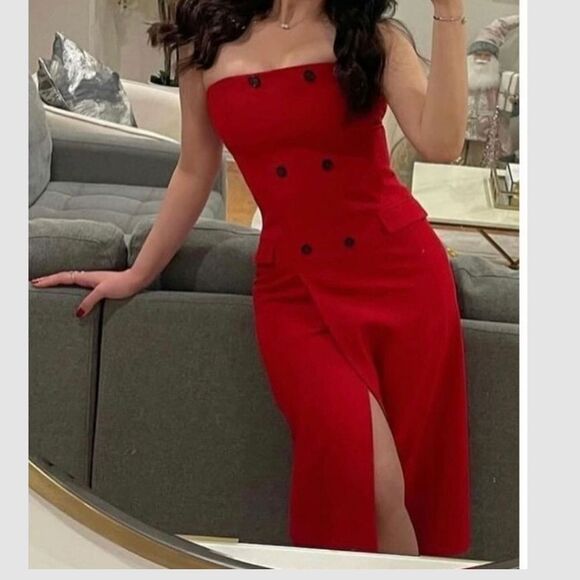 NWT Zara ZW Collection Strapless Dress With Pockets Bright Red S 8659/707 New - Picture 6 of 11